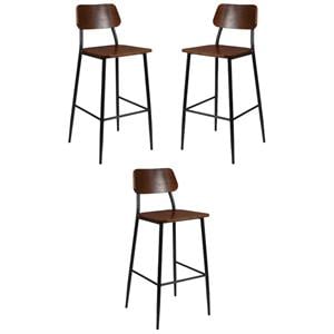 Home Square Rustic Steel Frame Wooden Bar Stool in Mahogany - Set of 3