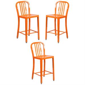 Home Square 24&quot Metal Vertical Slat Back Counter Stool in Orange - Set of 3