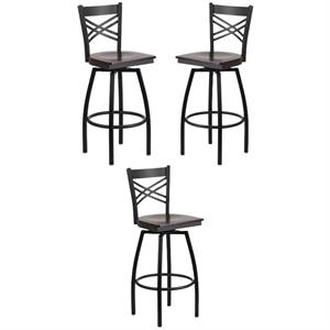 home square metal restaurant swivel bar stool in black and walnut - set of 3