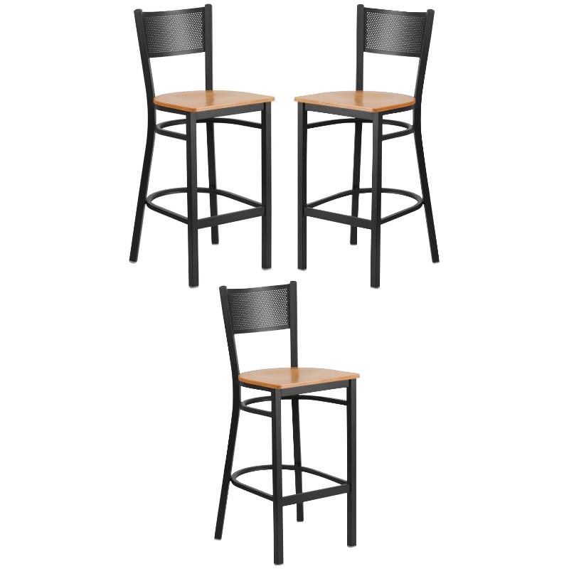Home Square Metal Grid Back Bar Stool in Black & Natural - Set of 3
