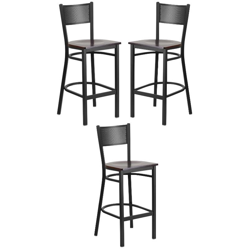 Home Square Metal Grid Back Bar Stool in Black & Walnut - Set of 3
