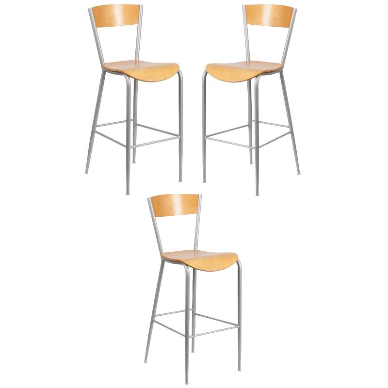 Home Square Metal Restaurant Bar Stool in Natural and Silver - Set of 3