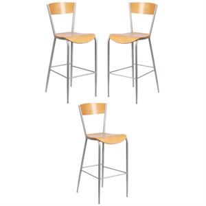 home square metal restaurant bar stool in natural and silver - set of 3