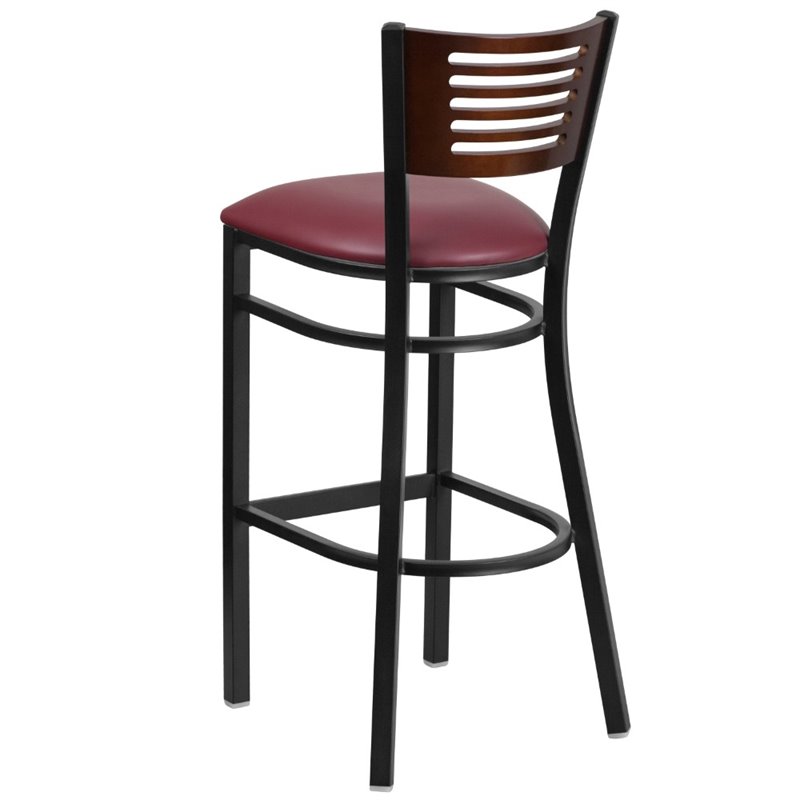 Home Square Metal Restaurant Bar Stool in Burgundy and Walnut - Set of 3