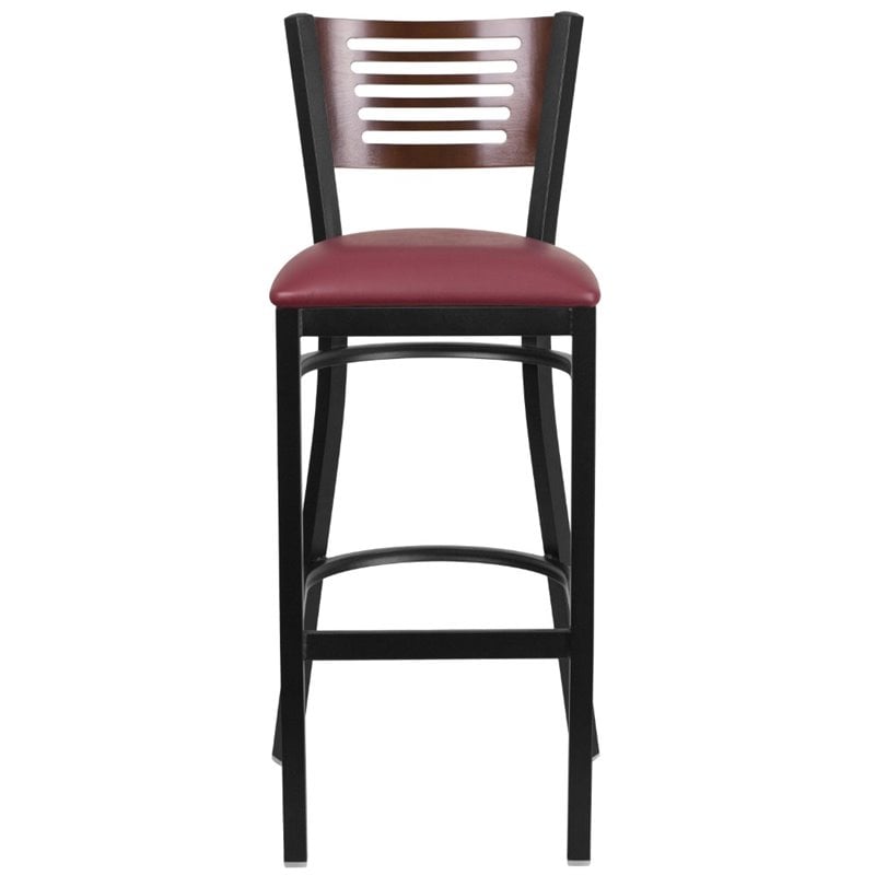 Home Square Metal Restaurant Bar Stool in Burgundy and Walnut - Set of 3
