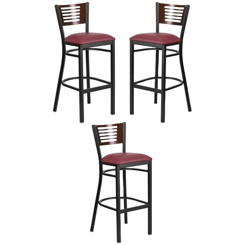 Home Square Metal Restaurant Bar Stool in Burgundy and Walnut - Set of 3