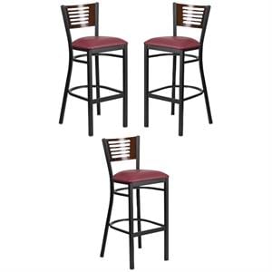 Home Square Metal Restaurant Bar Stool in Burgundy and Walnut - Set of 3