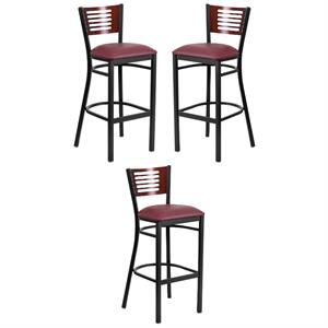 Home Square Metal Restaurant Bar Stool in Burgundy and Mahogany - Set of 3
