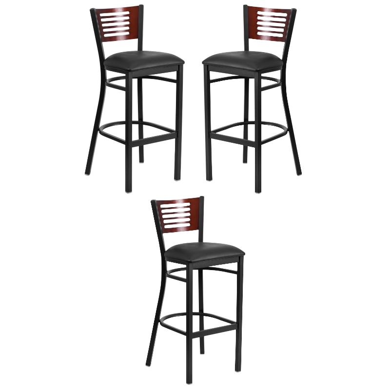 Home Square Metal Restaurant Bar Stool in Black and Mahogany - Set of 3