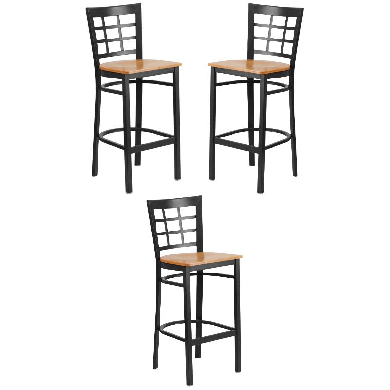 Home Square Metal Window Back Bar Stool in Black and Natural Finish - Set of 3