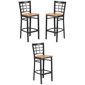 Home Square Metal Window Back Bar Stool in Black and Natural Finish - Set of 3
