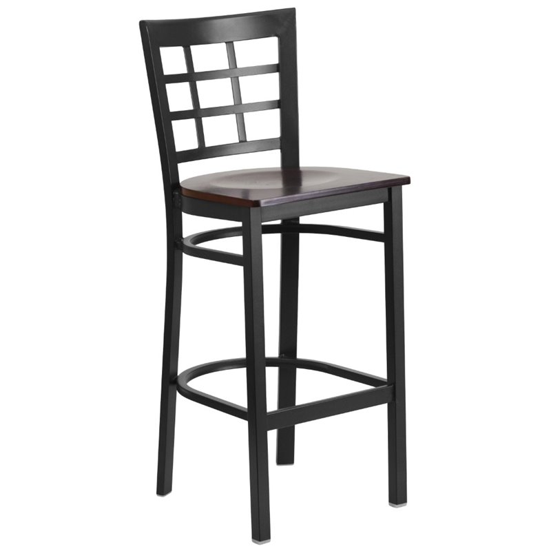 Home Square Metal Window Back Bar Stool in Black and Walnut - Set of 3