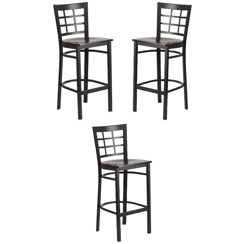 Home Square Metal Window Back Bar Stool in Black and Walnut - Set of 3
