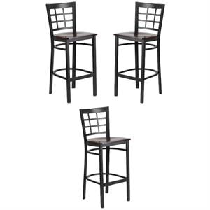 Home Square Metal Window Back Bar Stool in Black and Walnut - Set of 3