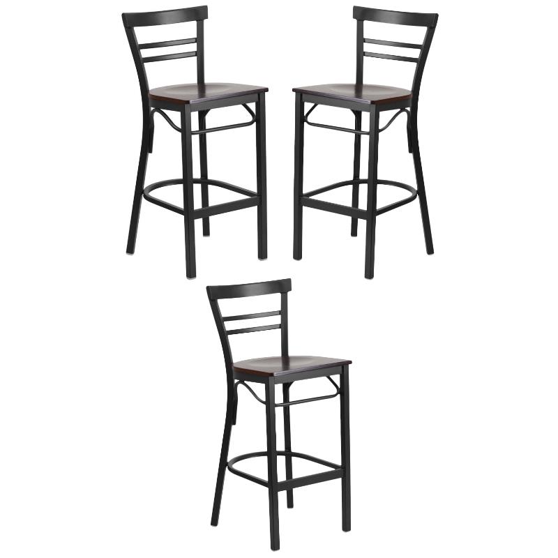 Home Square Metal Restaurant Bar Stool in Black and Walnut - Set of 3