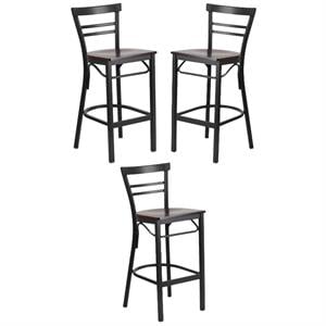 Home Square Metal Restaurant Bar Stool in Black and Walnut - Set of 3
