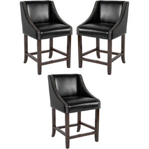 Home Square Carmel 24&quot Leather Counter Stool in Black and Walnut - Set of 3