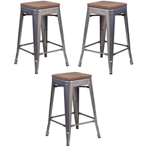 Home Square 24&quot Backless Metal Counter Stool in Gray - Set of 3