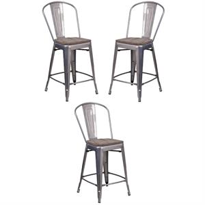 Home Square 24&quot Metal Counter Stool in Gray and Wood Grain - Set of 3