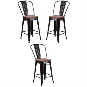 Home Square 24&quot Metal Counter Stool In Black-Antique Gold - Set of 3