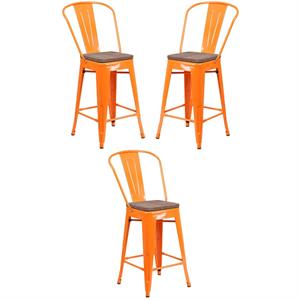 Home Square 24&quot Metal Counter Stool in Orange and Wood Grain - Set of 3