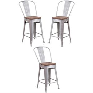 Home Square 24&quot Metal Counter Stool in Silver and Wood Grain - Set of 3