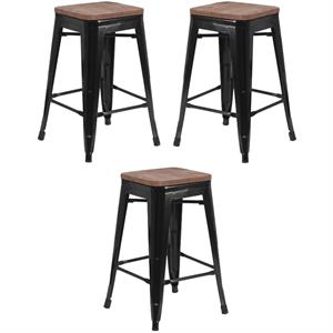 Home Square 24&quot Backless Metal Counter Stool in Black - Set of 3
