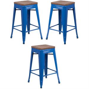 Home Square 24&quot Backless Metal Counter Stool in Blue - Set of 3