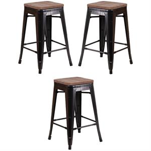 Home Square 24&quot Backless Metal Stool In Black-Antique Gold - Set of 3