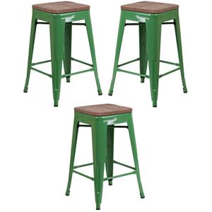 Home Square 24&quot Backless Metal Counter Stool in Green - Set of 3