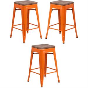 Home Square 24&quot Backless Metal Counter Stool in Orange - Set of 3