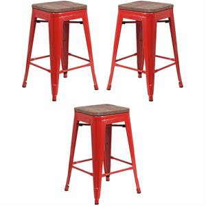 Home Square 24&quot Backless Metal Counter Stool in Red and Wood Grain - Set of 3
