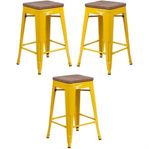 Home Square 24&quot Backless Metal Counter Stool in Yellow - Set of 3