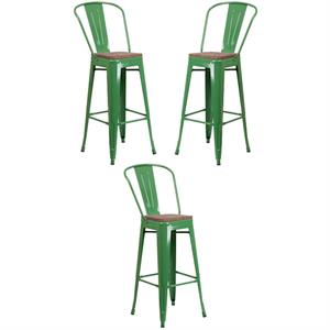 Home Square 30&quot Metal Bar Stool in Green and Wood Grain - Set of 3