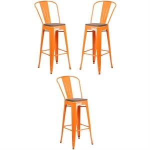 Home Square 30&quot Metal Bar Stool in Orange and Wood Grain - Set of 3