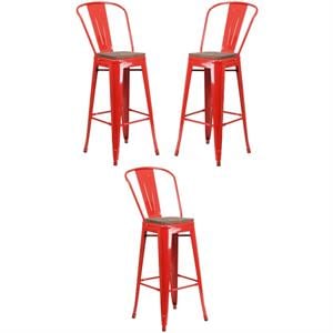 Home Square 30&quot Metal Bar Stool in Red and Wood Grain - Set of 3