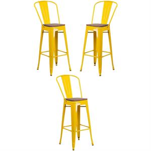 Home Square 30&quot Metal Bar Stool in Yellow and Wood Grain - Set of 3