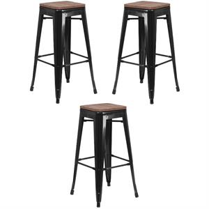 Home Square 30&quot Backless Metal Bar Stool in Black and Wood Grain - Set of 3