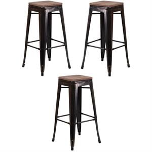 Home Square 30&quot Backless Metal Stool In Black-Antique Gold - Set of 3