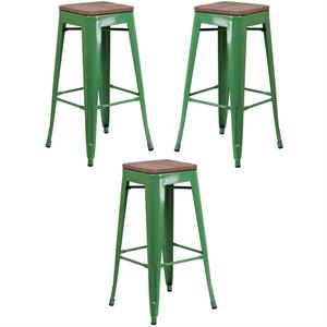 Home Square 30&quot Backless Metal Bar Stool in Green and Wood Grain - Set of 3