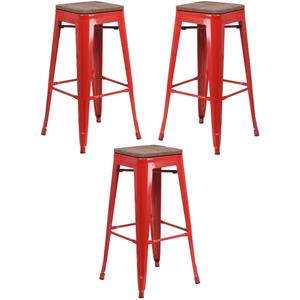 Home Square 30&quot Backless Metal Bar Stool in Red and Wood Grain - Set of 3