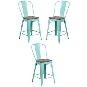Home Square 24&quot Metal Counter Stool in Mint Green and Wood Grain - Set of 3