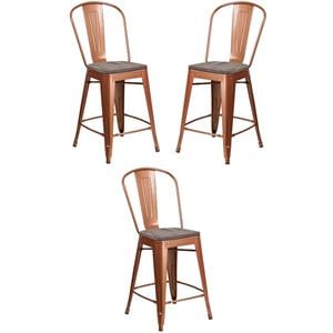 Home Square 24&quot Metal Counter Stool in Copper and Wood Grain - Set of 3