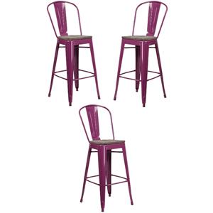 Home Square 30&quot Metal Bar Stool in Purple and Wood Grain - Set of 3
