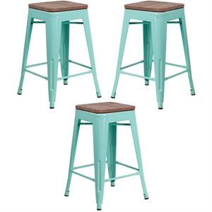 Home Square 24&quot Backless Metal Counter Stool in Mint Green - Set of 3