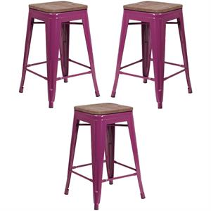 Home Square 24&quot Backless Metal Counter Stool in Purple - Set of 3