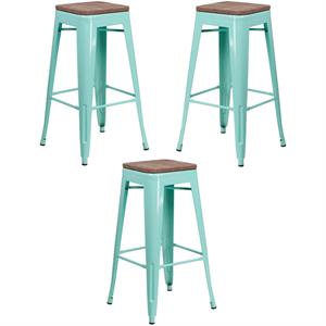 Home Square 30&quot Backless Metal Bar Stool in Mint Green - Set of 3