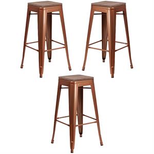 Home Square 30&quot Backless Metal Bar Stool in Copper and Wood Grain - Set of 3