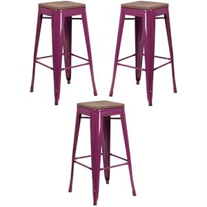 Home Square 30&quot Backless Metal Bar Stool in Purple and Wood Grain - Set of 3