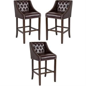 Home Square 30&quot Leather Tufted Bar Stool in Brown and Walnut - Set of 3